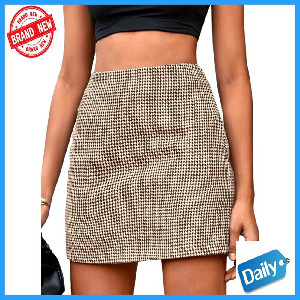 High Waist Plaid Mini Skirt Pencil Bodycon Regular Fit Polyester Blend